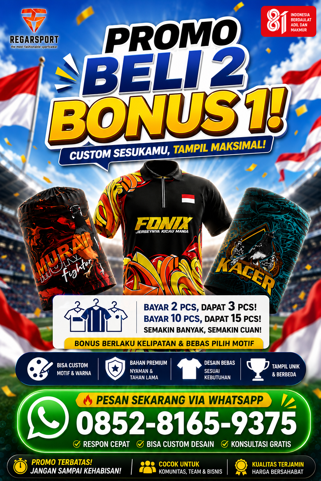Promo Beli 2 Bonus 1 Jersey Custom Regarsport – Desain Bebas & Bahan Premium