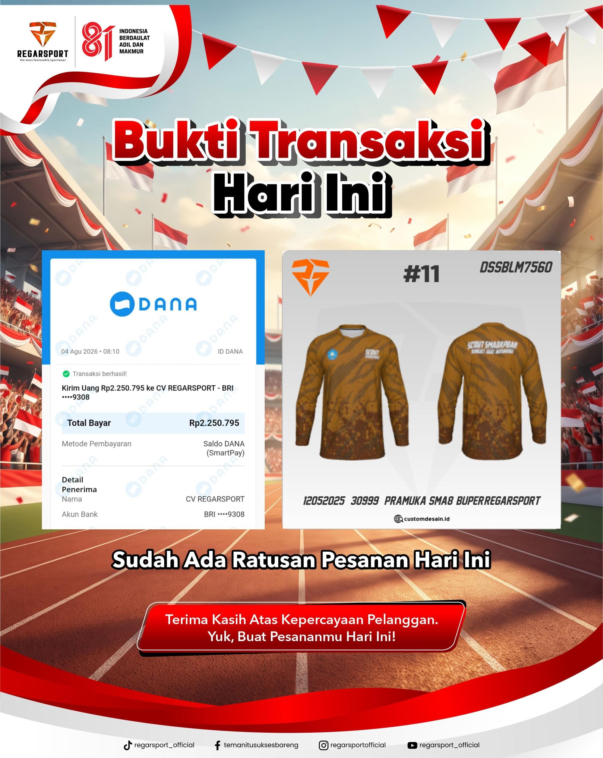 Bukti Transaksi Hari Ini: Ratusan Pesanan Membuktikan Kualitas & Kepercayaan Pelanggan RegarSport