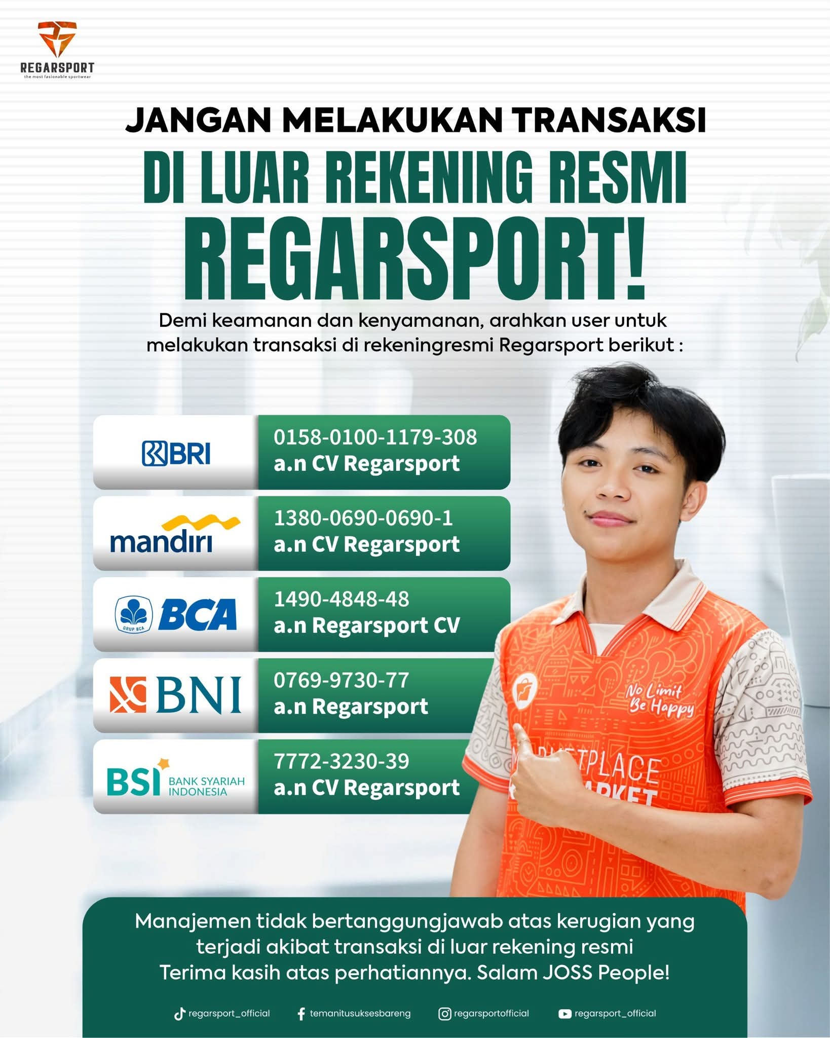 Hindari Penipuan! Gunakan Rekening Resmi Regarsport