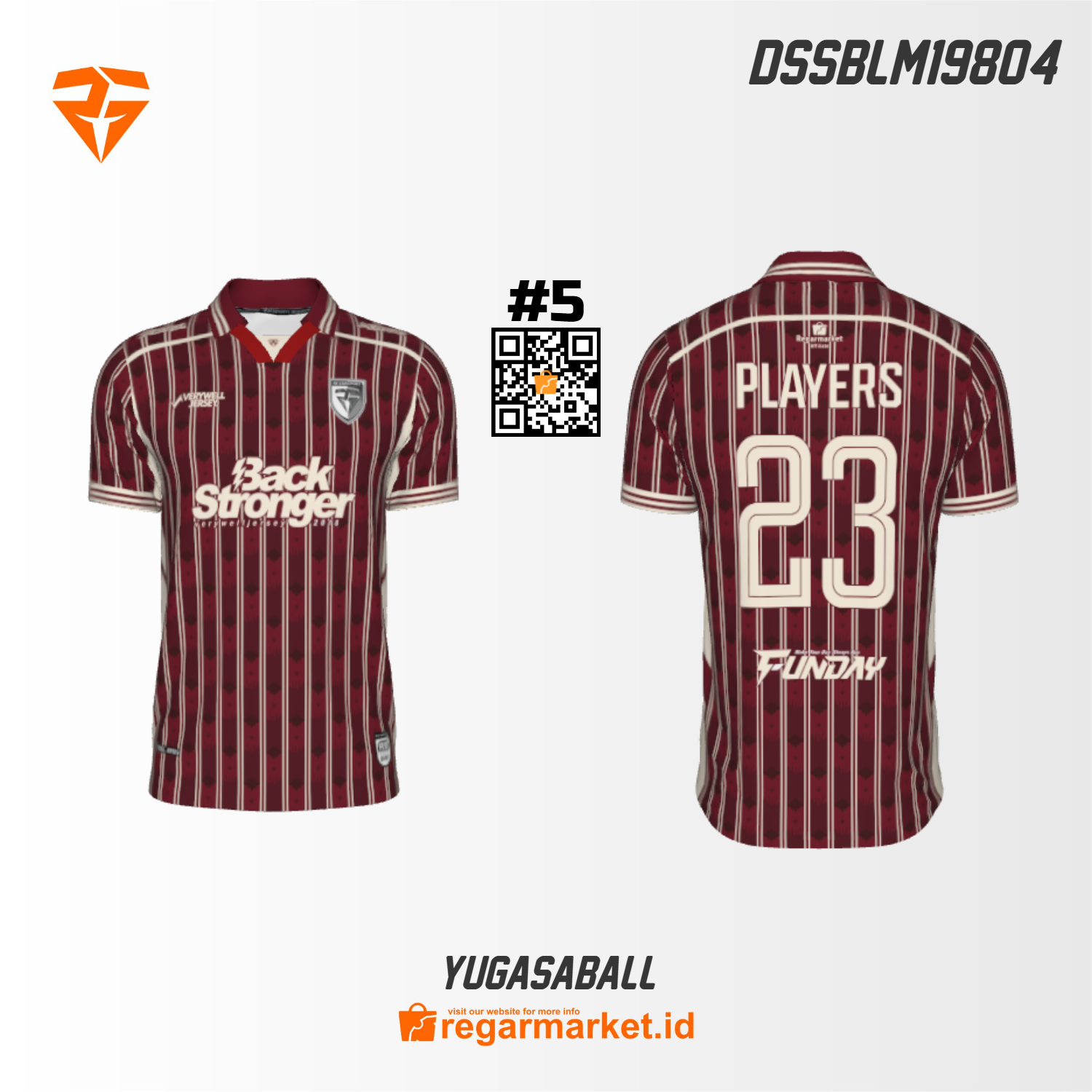 Jersey Sepak Bola Yugasaball — Merah Marun Garis Putih Custom Nama & Nomor Jersey Sepak Bola Yugasaball — Merah Marun Garis Putih Custom Nama & Nomor