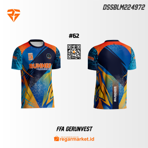 Jersey Lari Custom Printing FFA Gerunvest – Biru Oranye Kuning Desain Sporty