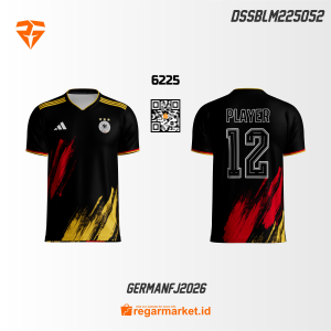 Jersey Bola Custom Germany FJ 2026 – Hitam Merah Emas Desain Kuas Artistik