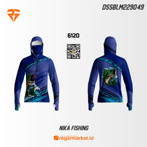 Jersey Mancing Nika Fishing – Biru Motif Ikan Lengan Panjang Topeng Custom Nama