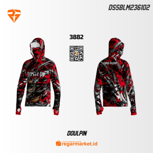 Jersey Mancing Doulpin – Merah Hitam Putih Motif Abstrak Custom Nama Angler