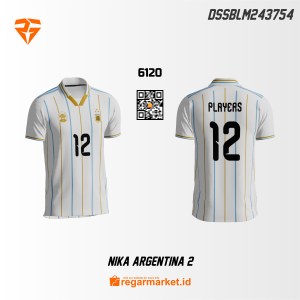 Jersey Sepak Bola Argentina 2 – Putih Garis Biru Emas Custom Nama & Nomor