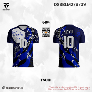 Jersey Bola Tsuki Biru Gelap Motif Bulan Bunga Sakura Custom Nama Nomor Drifit Premium Pria Dewasa