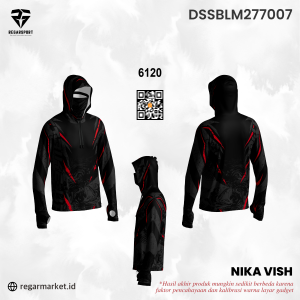 Jaket Hoodie Nika Vish – Hitam Merah Desain Ninja Futuristik Lengkap Penutup Wajah