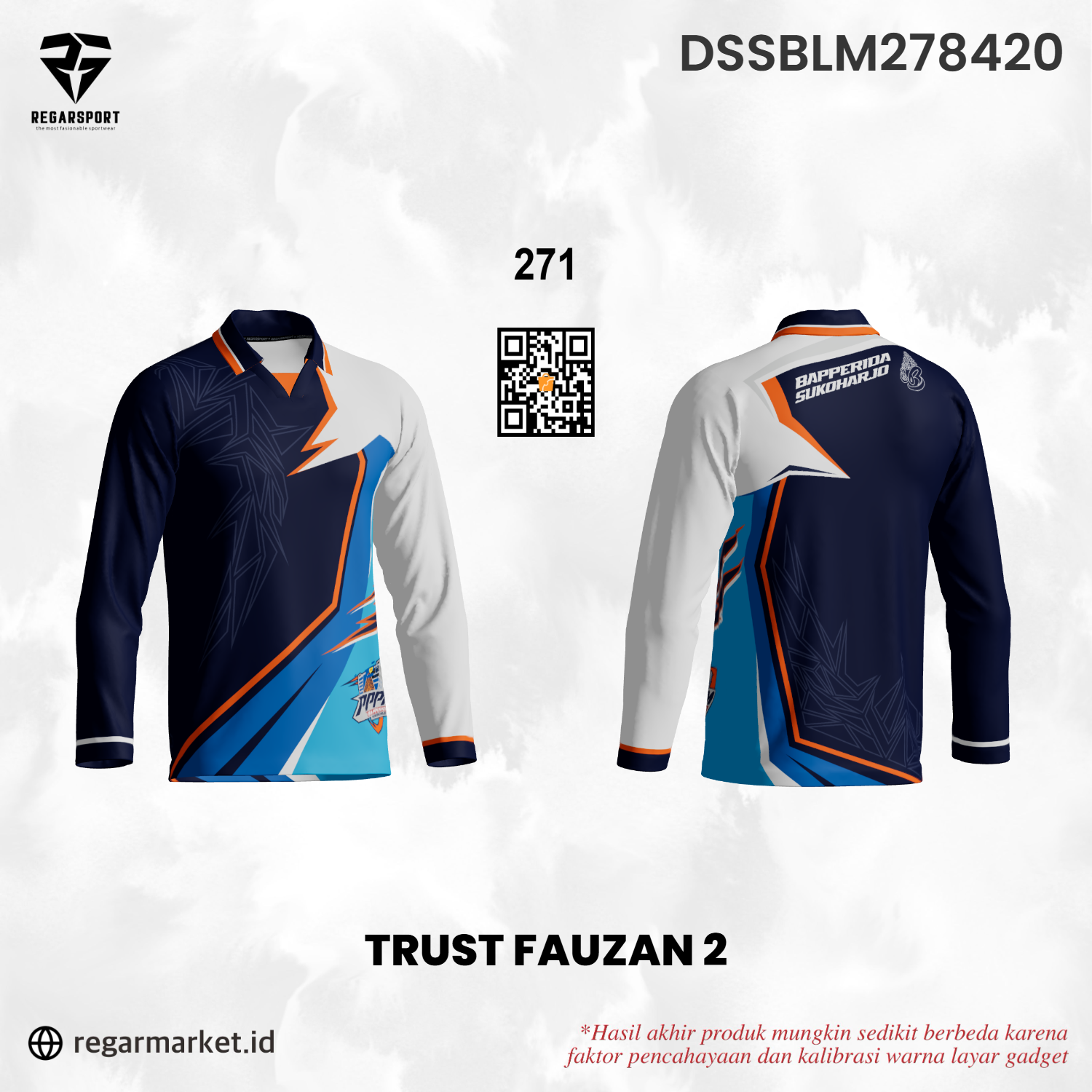Jersey Lengan Panjang Trust Fauzan 2 Biru Putih Oranye — Pria Dewasa S-5XL Drifit Premium Custom Logo & Nama Jersey Lengan Panjang Trust Fauzan 2 Biru Putih Oranye — Pria Dewasa S-5XL Drifit Premium Custom Logo & Nama