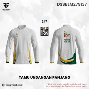 Kaos Polo Lengan Panjang Tamu Undangan PORPROV VIII Kaltim 2026 – Putih Hijau Emas Motif Khas