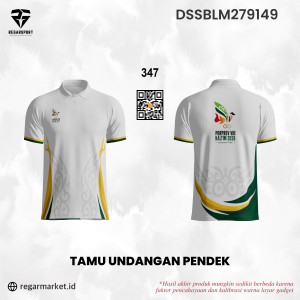 Kaos Polo Tamu Undangan PORPROV VIII Kaltim 2026 – Putih Hijau Emas Motif Khas
