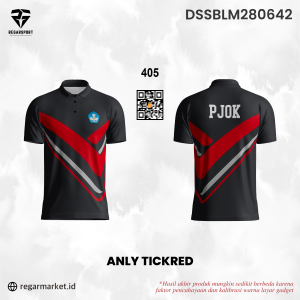 Kaos Polo PJOK – Hitam Merah Abu Desain Modern Custom Nama & Logo